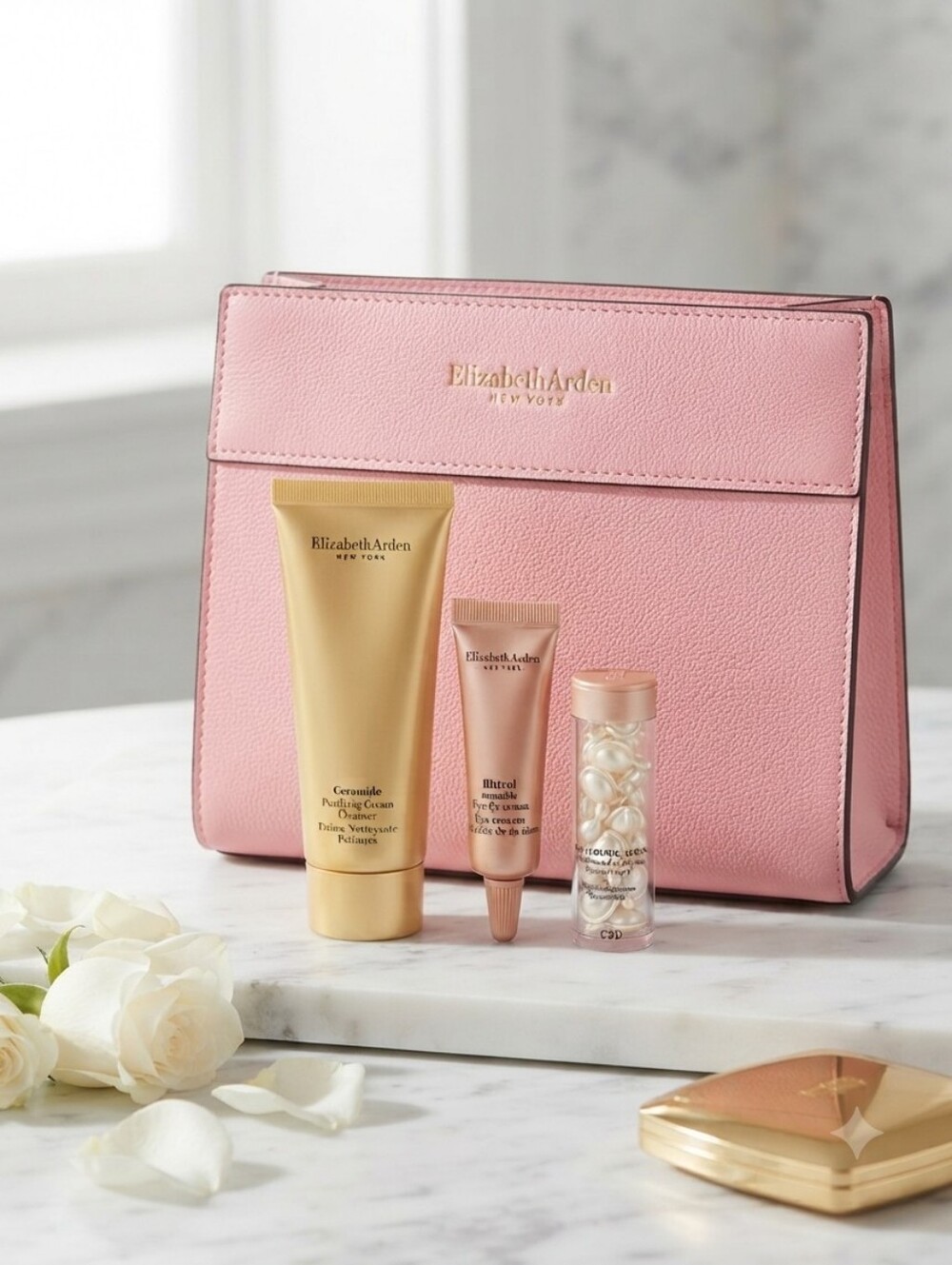 Elizabeth Arden Pink Travel Cosmetic Bag with Gold Skincare Tubes